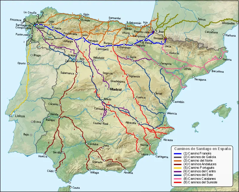 Mapa de las diferentes rutas del Camino de Santiago por España