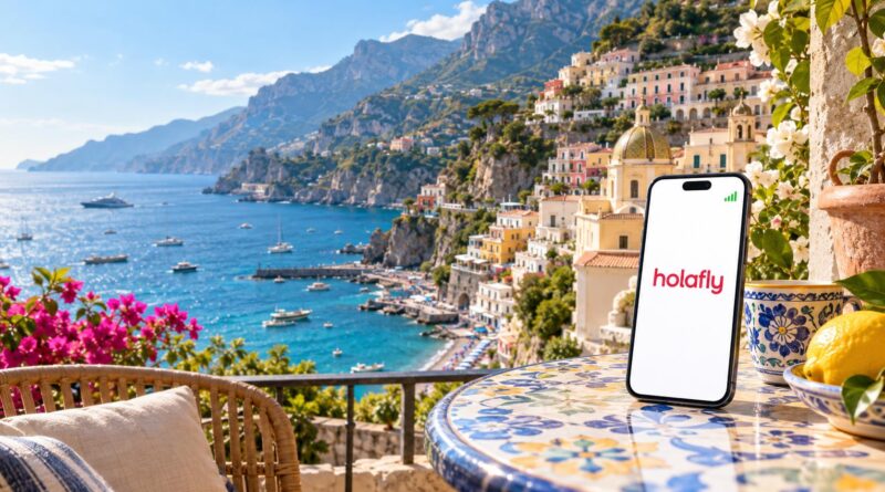 Ilustración de un móvil con Holafly en una terraza frente a un pueblo de la costa mediterránea