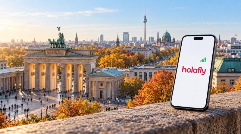Ilustración de un móvil con Holafly frente a un paisaje de Berlín en otoño