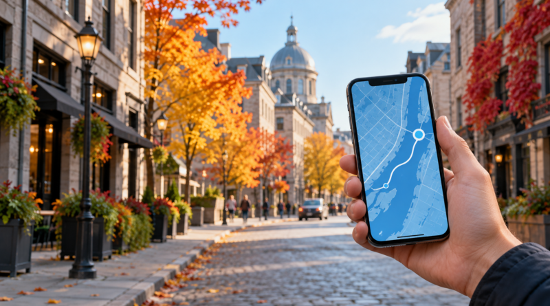 Ilustración de un móvil con un mapa en una calle canadiense en otoño