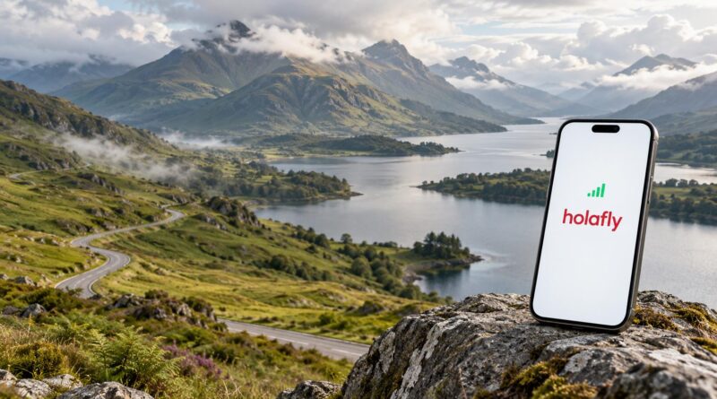 Ilustración de un móvil con Holafly frente a un lago y montañas de las Highlands escocesas