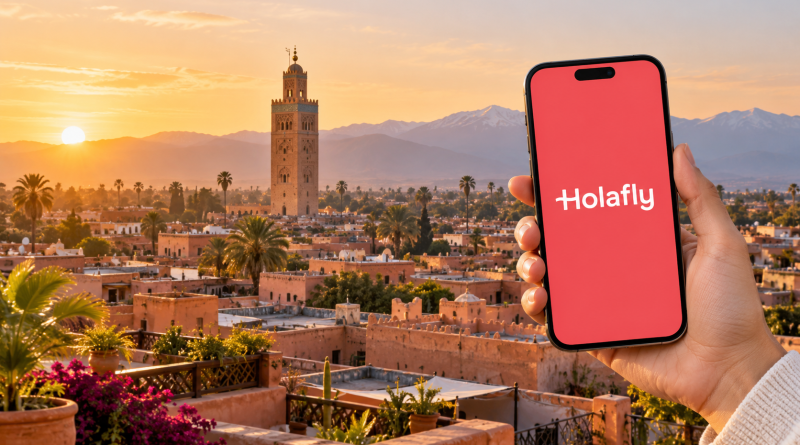 Ilustración de un móvil con Holafly ante los tejados de Marrakech