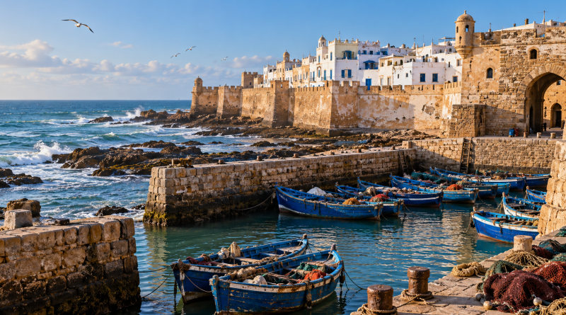 Ilustración de las murallas y los barcos azules del puerto de Essaouira