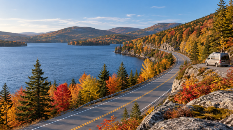 Ilustración de una carretera junto a un lago y un bosque otoñal inspirada en Quebec