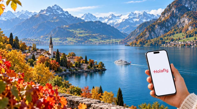 Ilustración de un móvil con Holafly junto al lago de Lucerna y montañas de Suiza