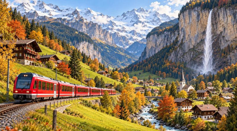 Ilustración de un tren rojo en un valle alpino suizo con cascada y pueblo