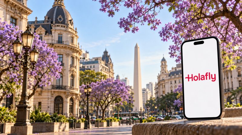 Móvil con Holafly ante una vista de Buenos Aires para viajar con eSIM a Argentina