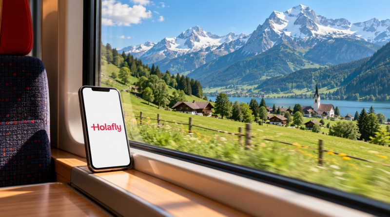 Ilustración de un móvil con Holafly junto a la ventana de un tren en un paisaje alpino