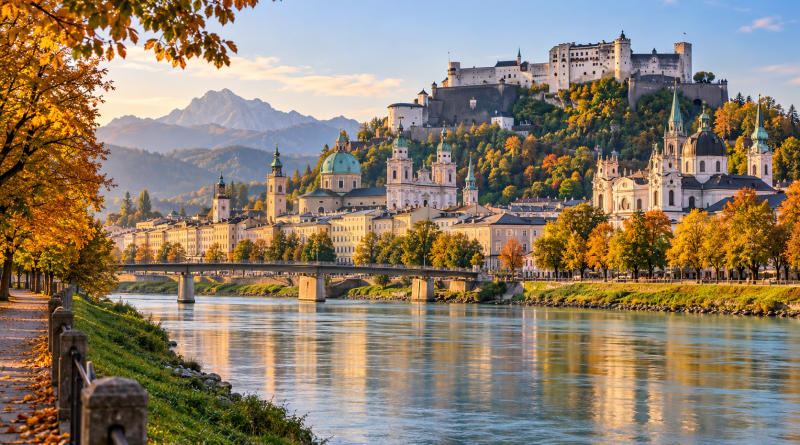 Ilustración del casco histórico de Salzburgo, el río Salzach y la fortaleza