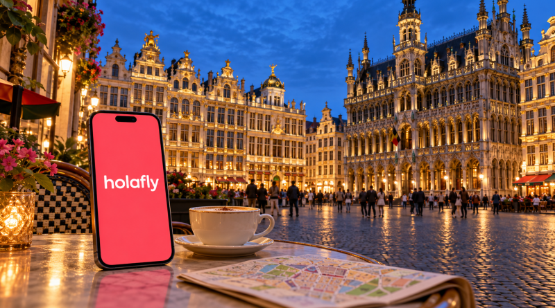 Móvil con Holafly en pantalla en la Grand Place de Bruselas, ilustración de eSIM para Bélgica