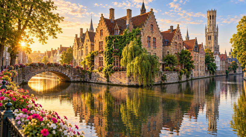 Canal, puente y casas históricas de Brujas en una ilustración de la ruta por Bélgica
