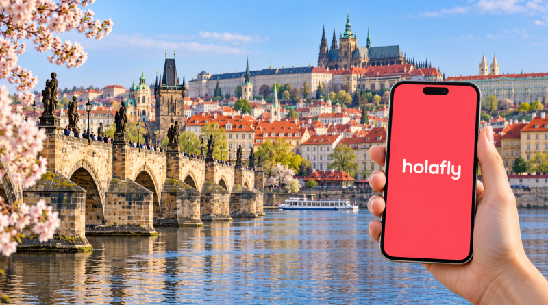 Teléfono con Holafly en pantalla junto al puente de Carlos de Praga, ilustración de eSIM para República Checa