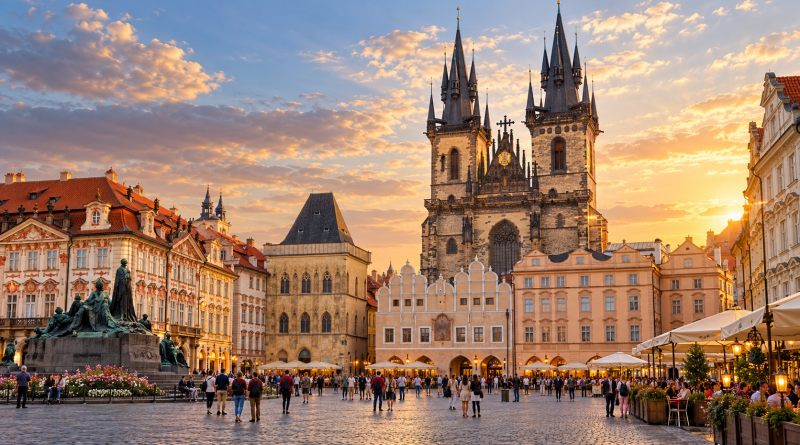 Plaza de la Ciudad Vieja de Praga y torres de Týn al atardecer, ilustración de viaje