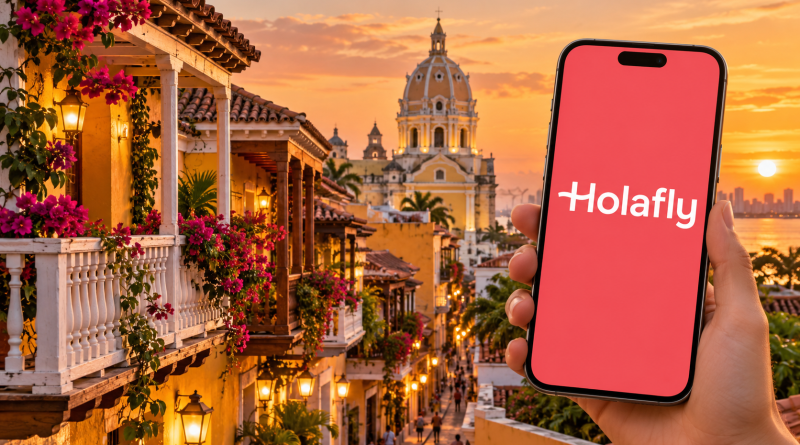 Móvil con Holafly ante las fachadas coloniales de Cartagena de Indias