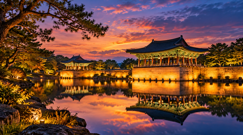Ilustración de los pabellones de Donggung y el estanque Wolji en Gyeongju al atardecer