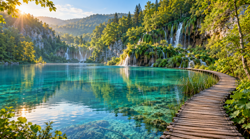 Lagos turquesa, cascadas y pasarela de madera inspirados en Plitvice, Croacia