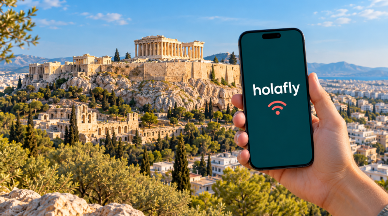 Móvil con Holafly en pantalla ante la Acrópolis de Atenas, ilustración de eSIM para Grecia