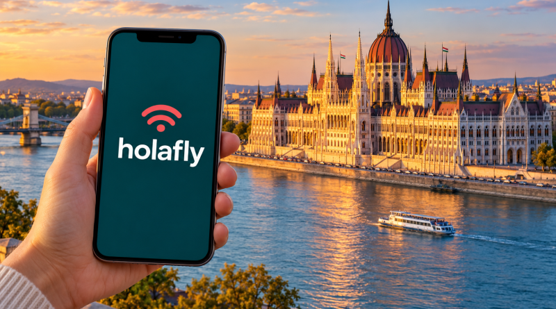 Móvil con Holafly en pantalla ante el Parlamento de Budapest, ilustración de eSIM para Hungría