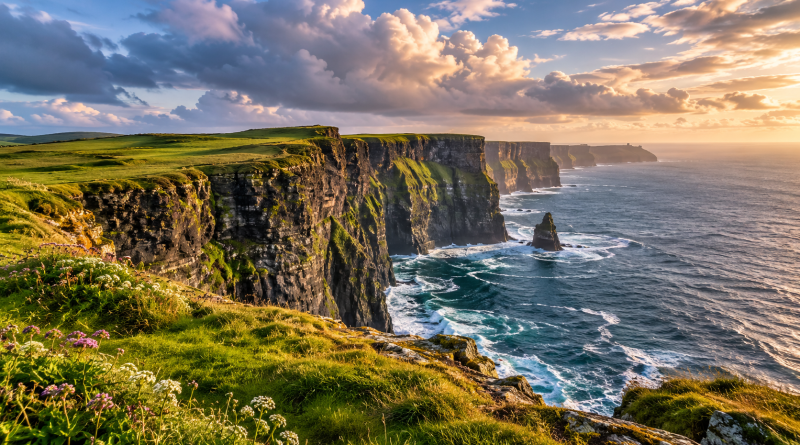 Ilustración de los acantilados de Moher y la costa atlántica de Irlanda