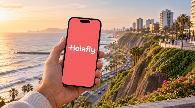 Móvil con Holafly ante los acantilados y la costa de Lima, Perú