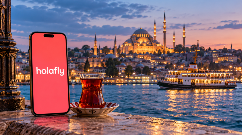 Móvil con Holafly en pantalla ante un paisaje de Estambul al anochecer, ilustración de eSIM para Turquía